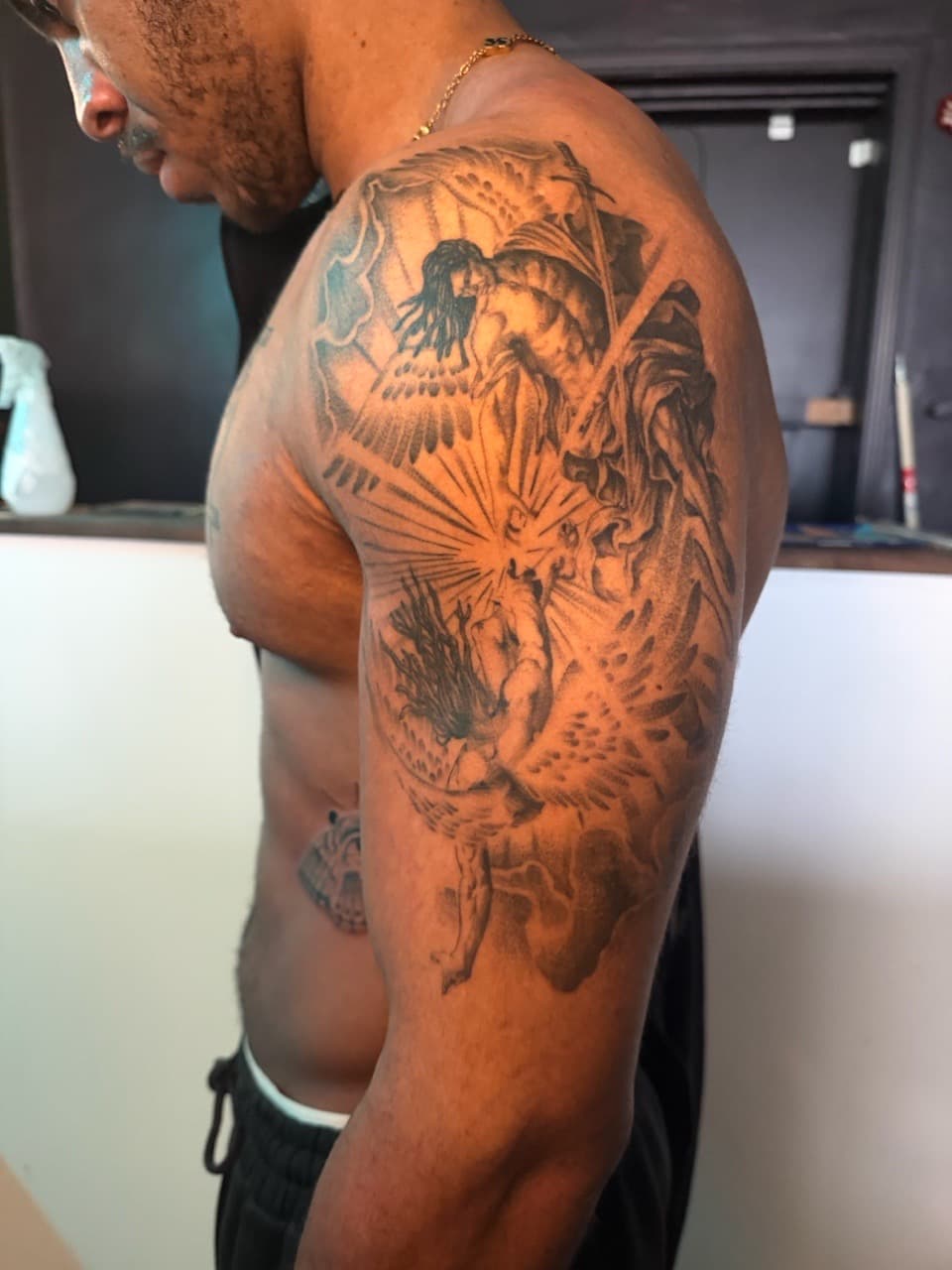 Black & Grey + Illustrative angels tattoo on Shoulder by Smokesart on TattMe