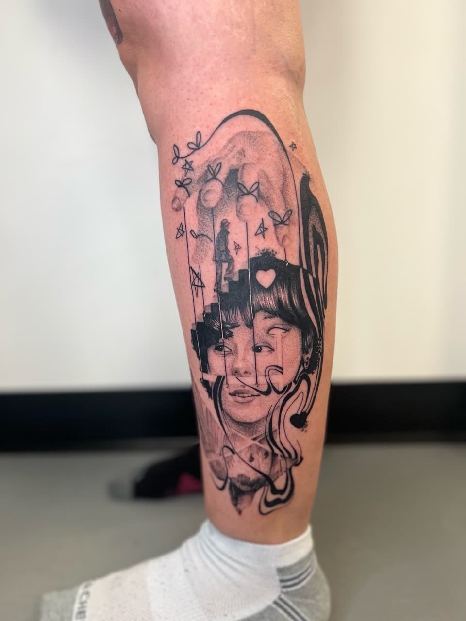 Black & Grey + Fine Line faces tattoo on Calf by Smokesart on TattMe