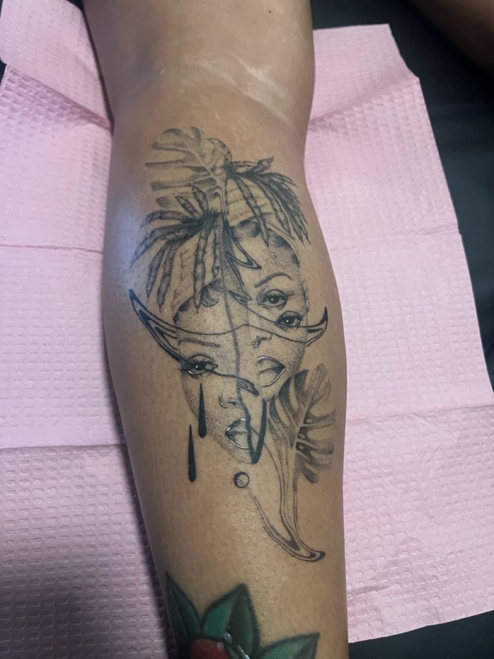 Black & Grey + Fine Line faces tattoo on Calf by Smokesart on TattMe