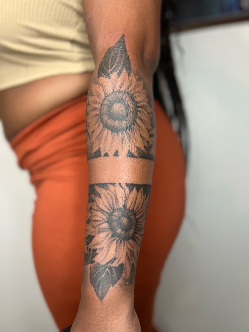 Black & Grey + Floral sunflowers tattoo on Forearm by Smokesart on TattMe
