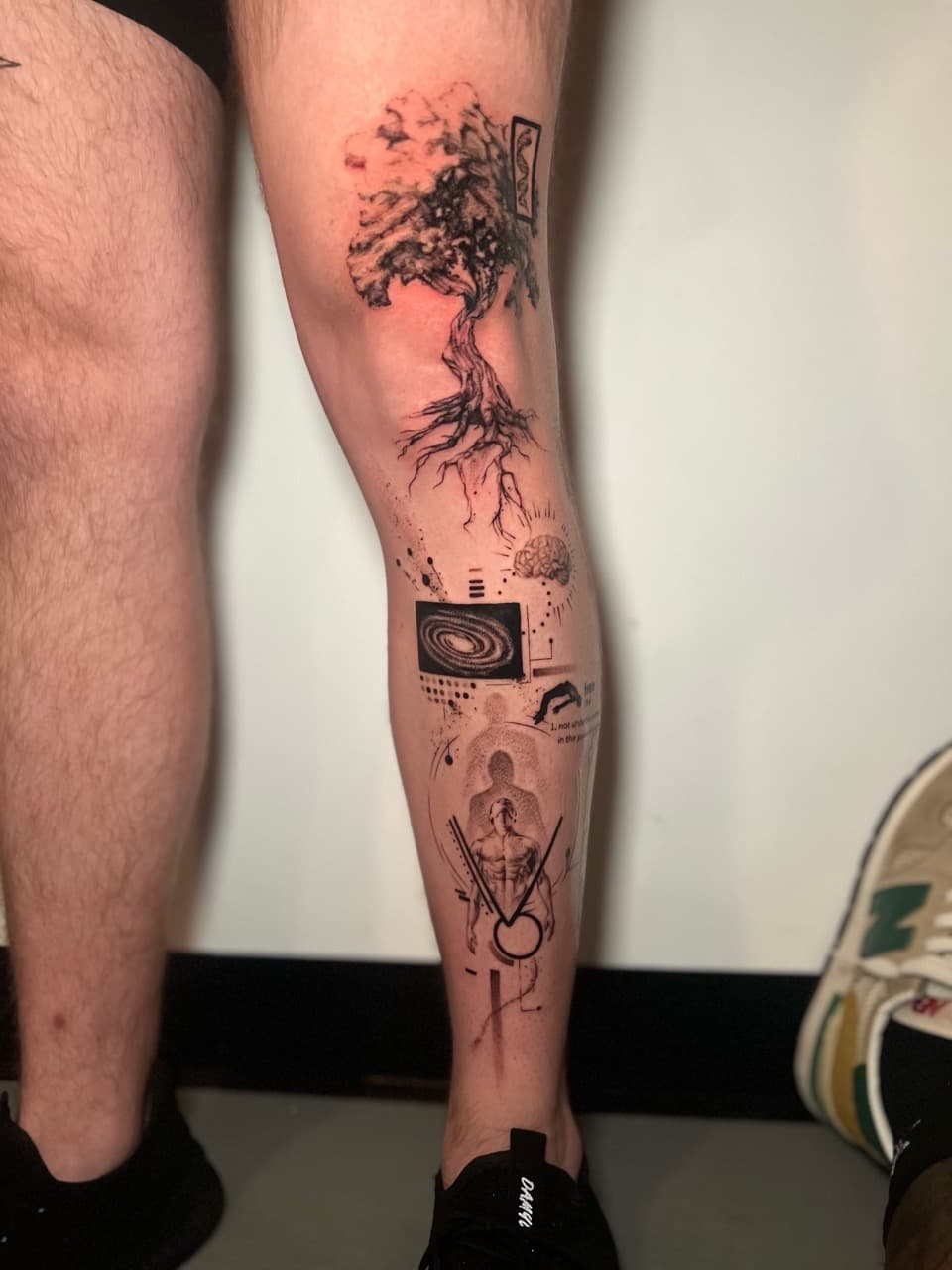 Fine Line + Black-work tree tattoo on Shin by Smokesart on TattMe