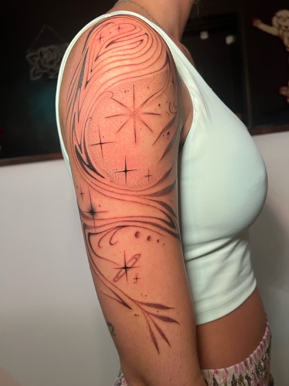 Fine Line + Dot-work stars tattoo on Half Sleeve by Smokesart on TattMe