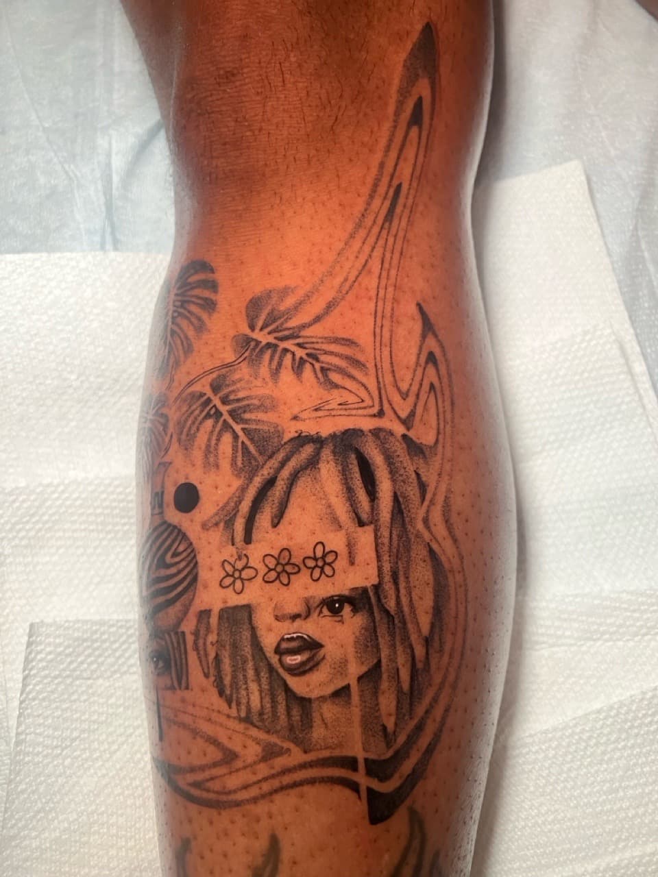 Black & Grey + Illustrative woman tattoo on Calf by Smokesart on TattMe