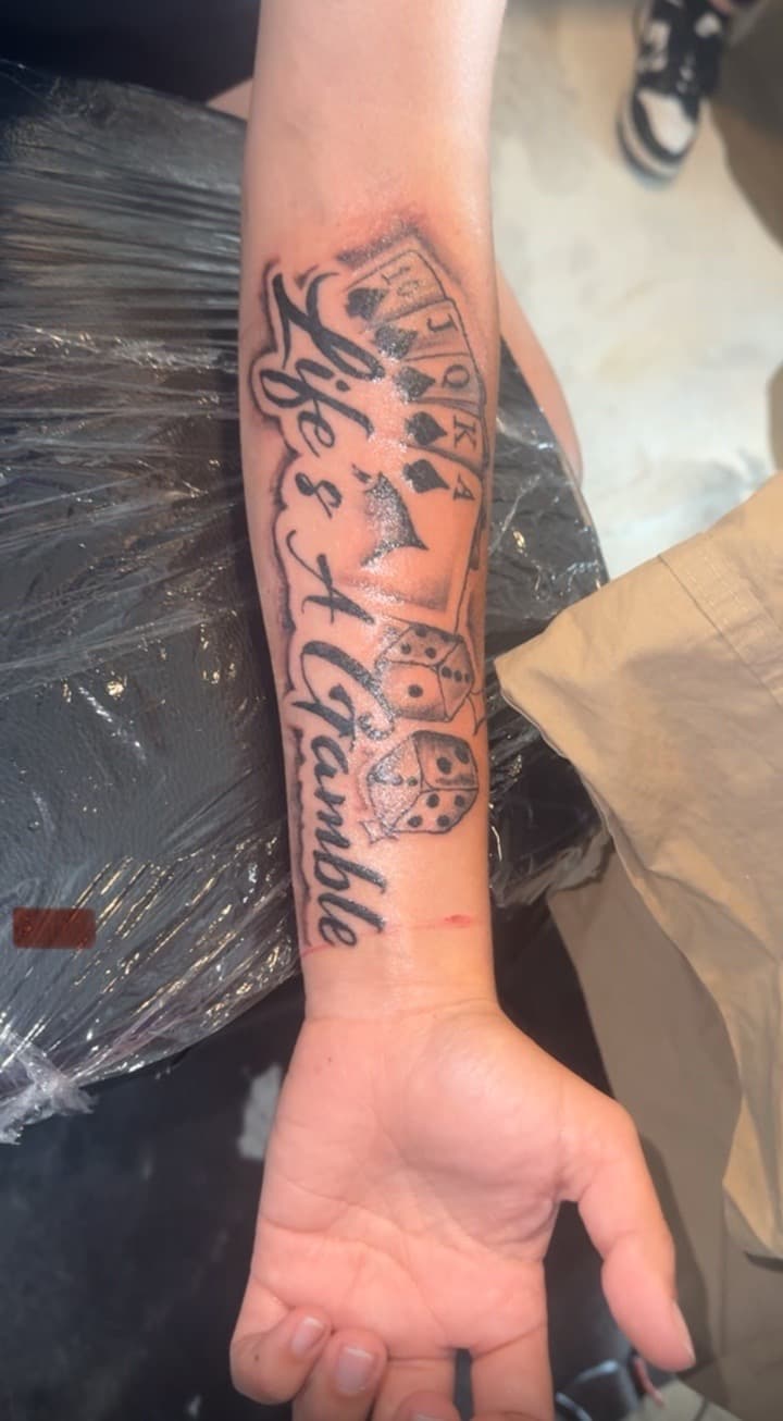 Black & Grey + Lettering playing cards tattoo on Forearm by Tats_By_Z on TattMe
