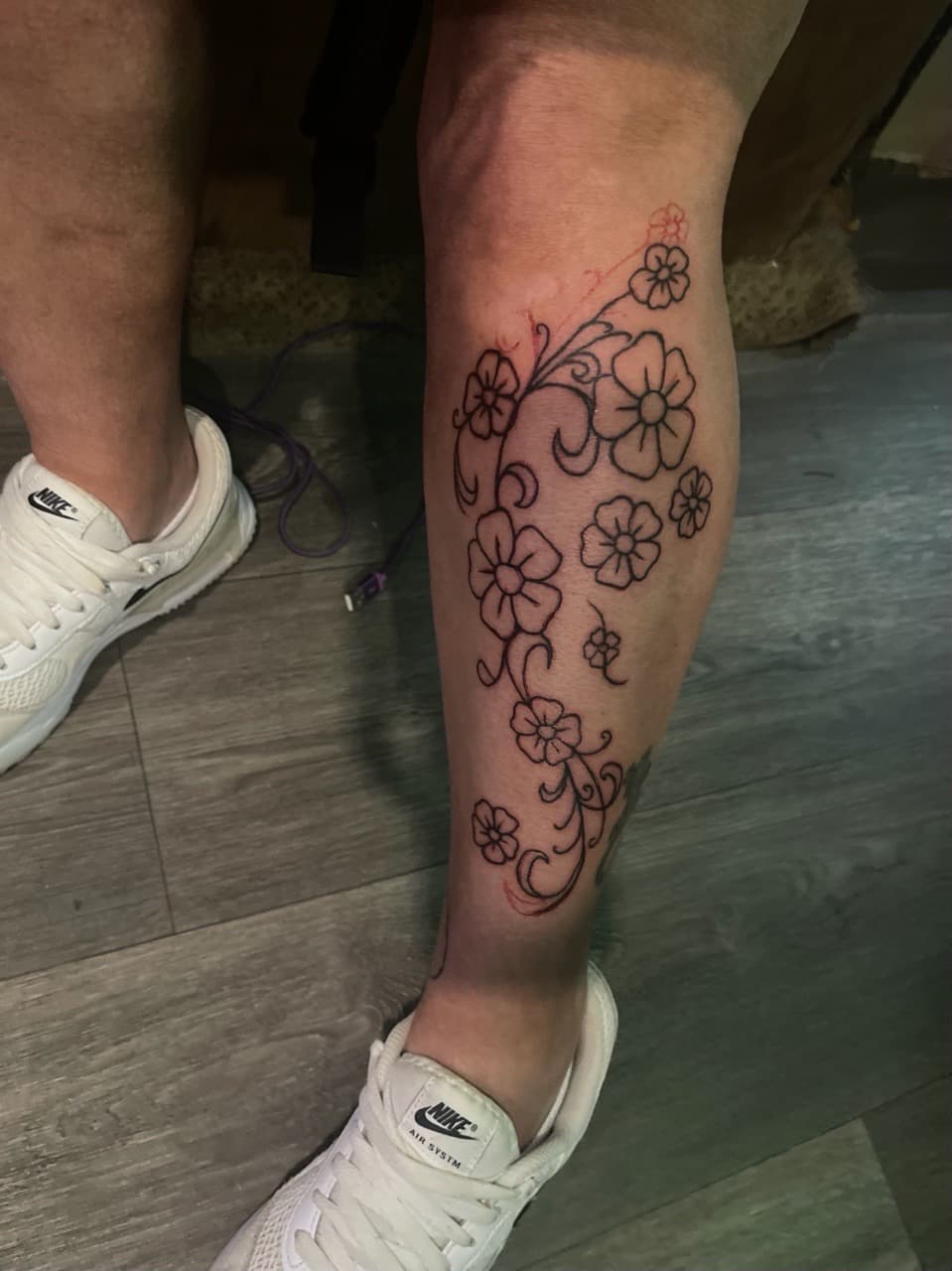 Floral + Line-work flowers tattoo on Calf by Tats_By_Z on TattMe