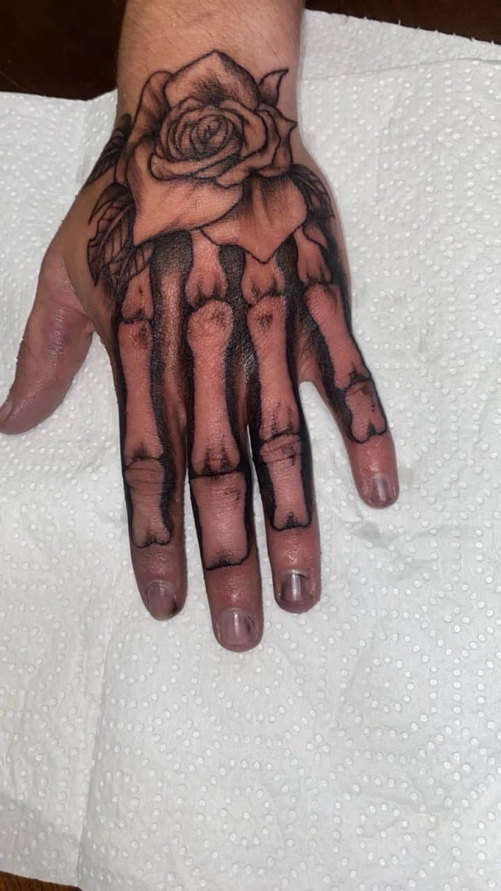 Black & Grey + Illustrative rose tattoo on Hand by Tats_By_Z on TattMe
