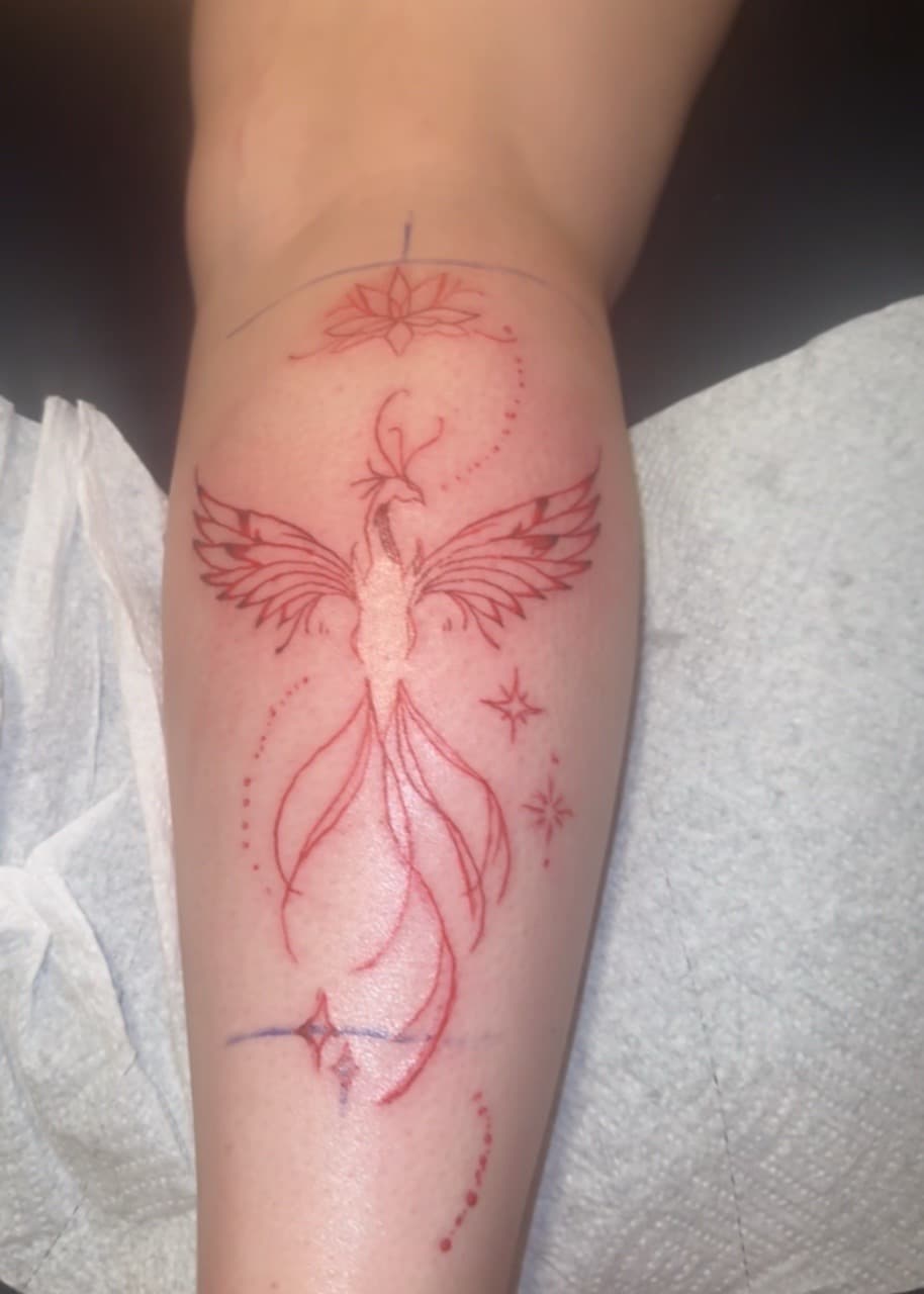Fine Line + Illustrative phoenix tattoo on Calf by Tats_By_Z on TattMe