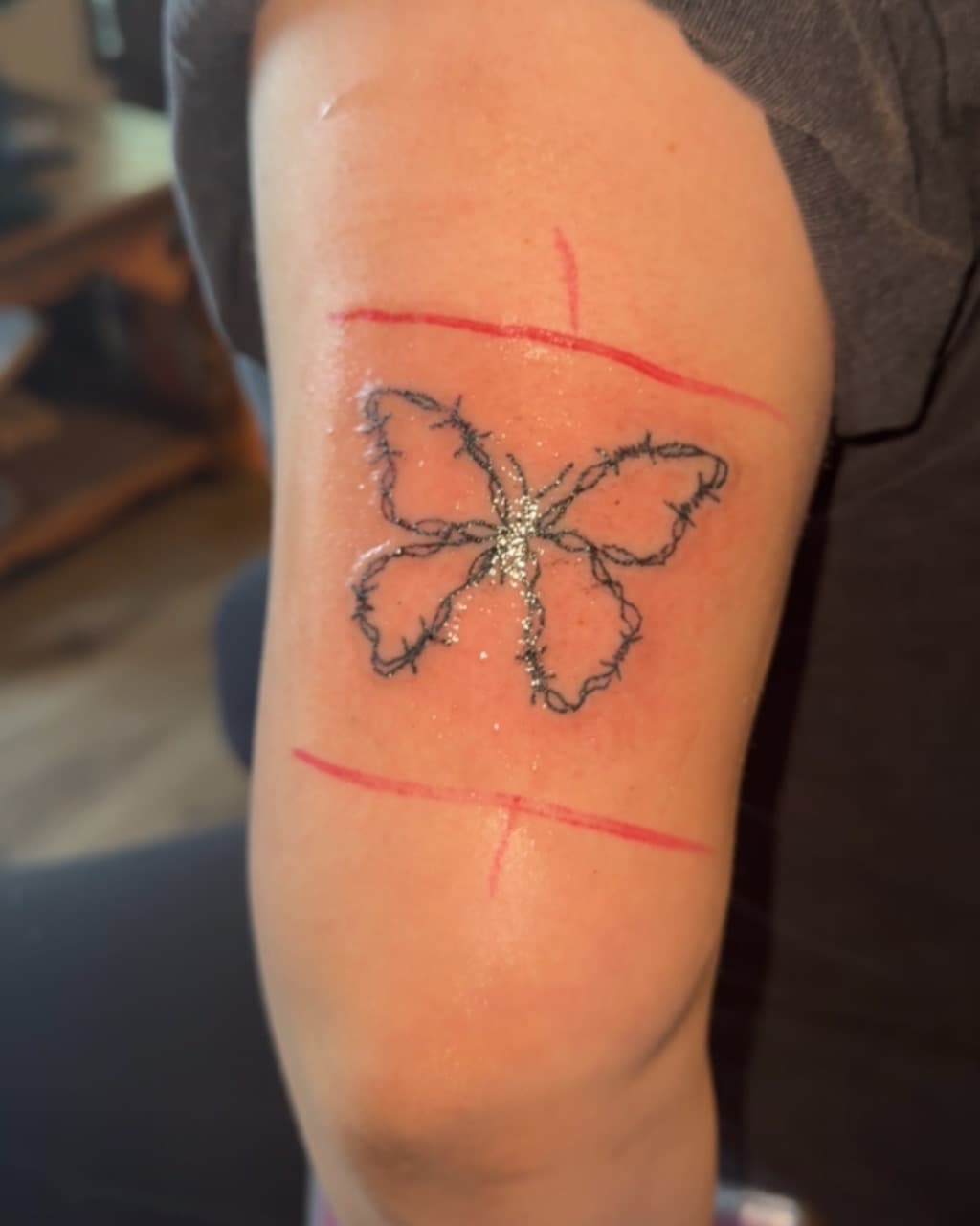 Fine Line + Black-work butterfly tattoo on Upper Arm by Tats_By_Z on TattMe