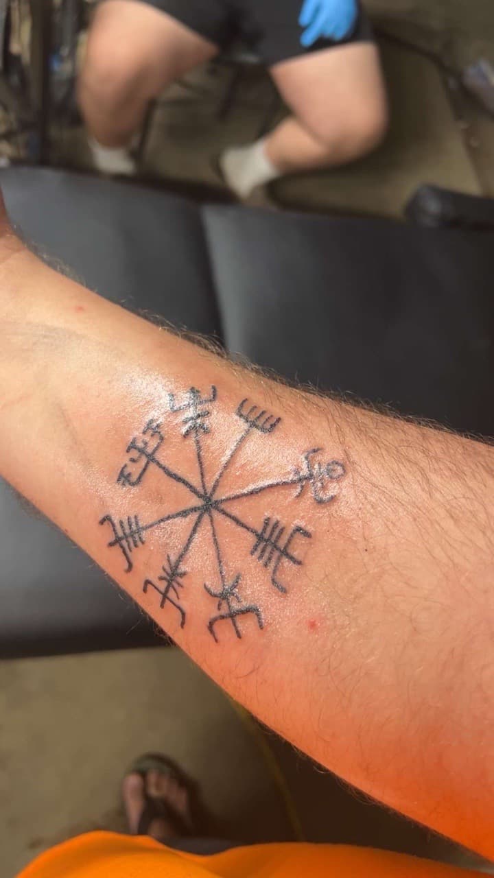 Line-work + Black-work vegvisir tattoo on Forearm by Tats_By_Z on TattMe