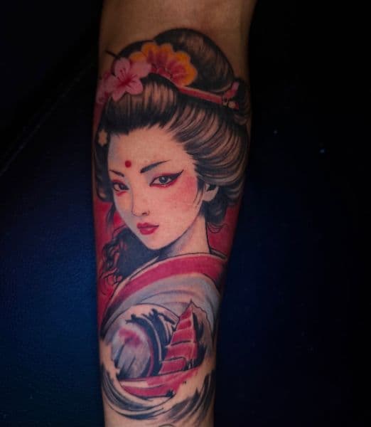 Color + Illustrative geisha tattoo on Forearm by Arink_Tattoo on TattMe