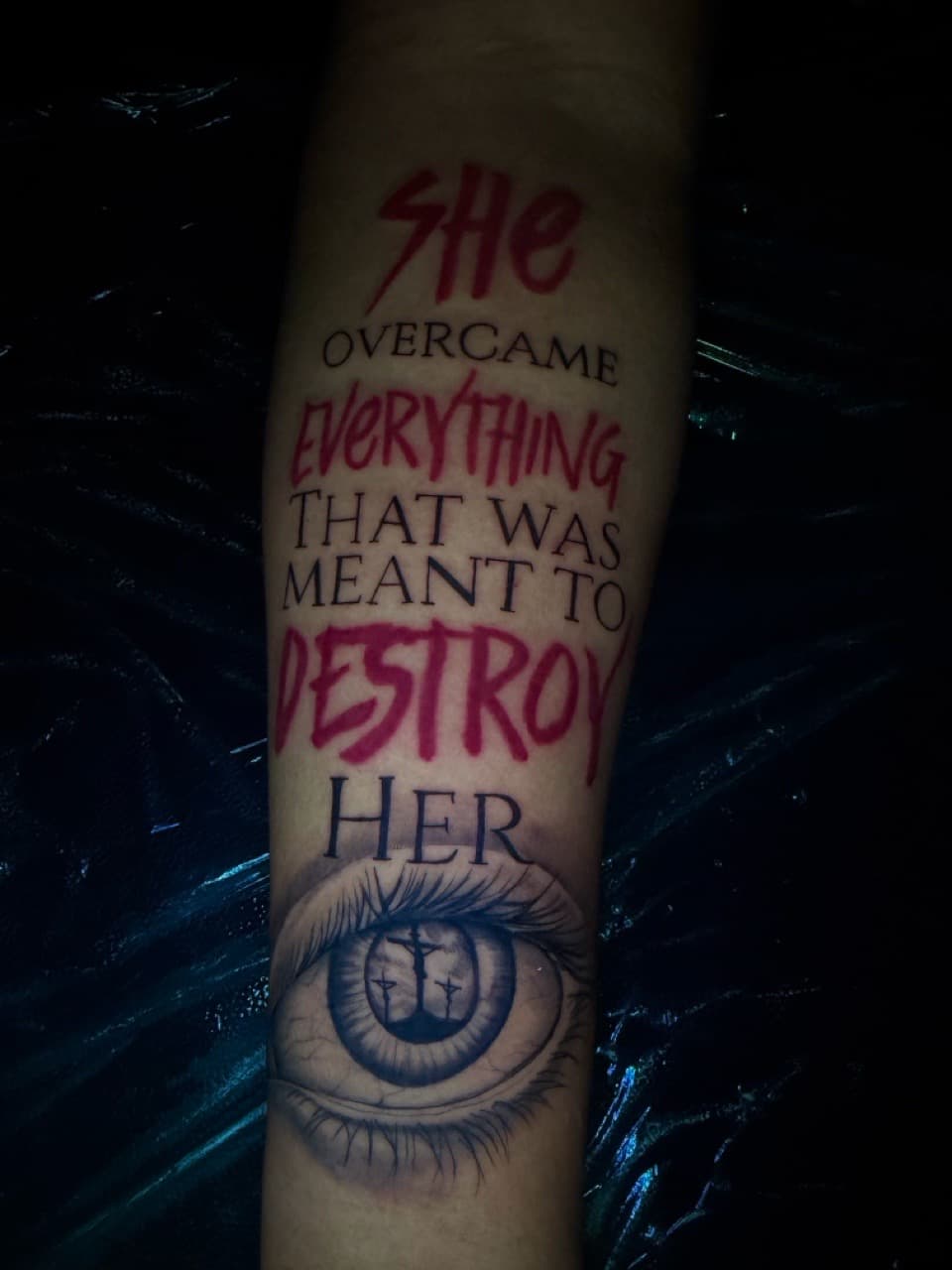 Lettering + Black & Grey eye tattoo on Forearm by Arink_Tattoo on TattMe