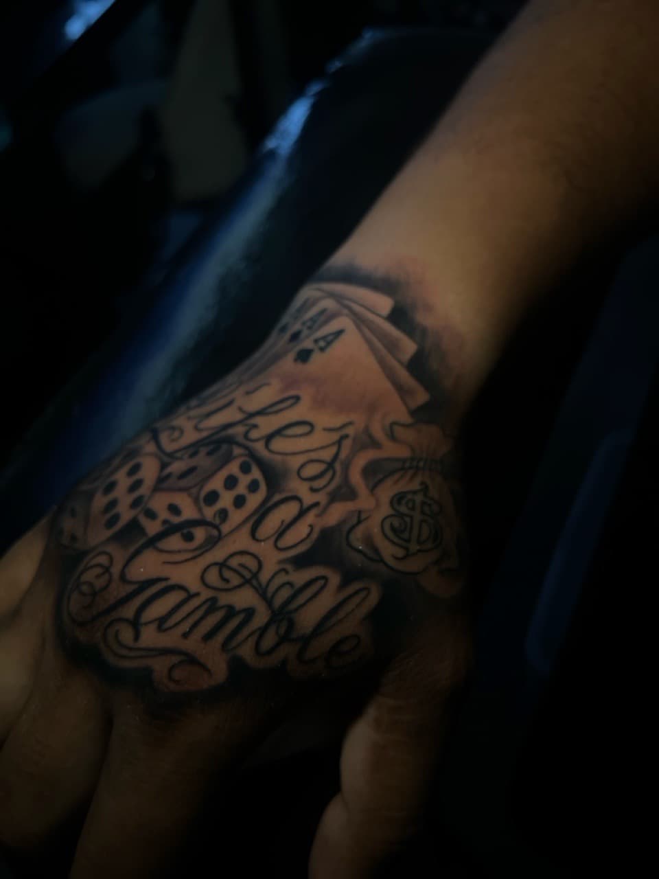 Black & Grey + Script playing cards tattoo on Hand by Arink_Tattoo on TattMe