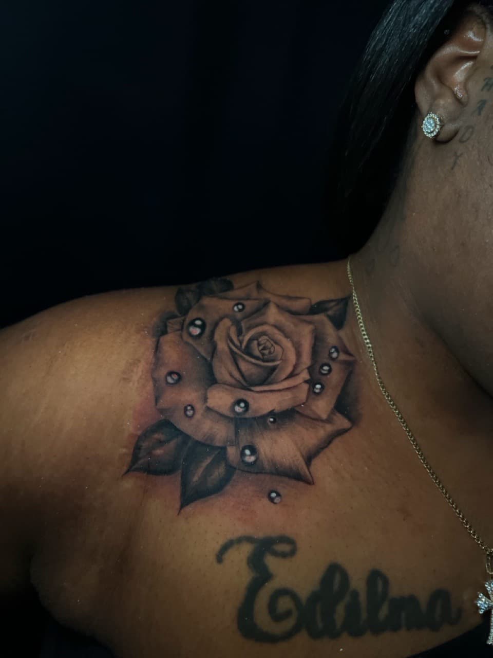 Black & Grey + Realism rose tattoo on Neck (Side) by Arink_Tattoo on TattMe