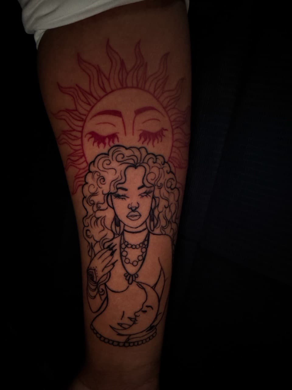Illustrative + Line-work sun tattoo on Forearm by Arink_Tattoo on TattMe