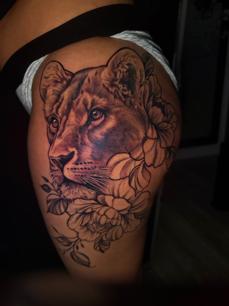 Black & Grey + Realism lioness tattoo on Thigh by Arink_Tattoo on TattMe