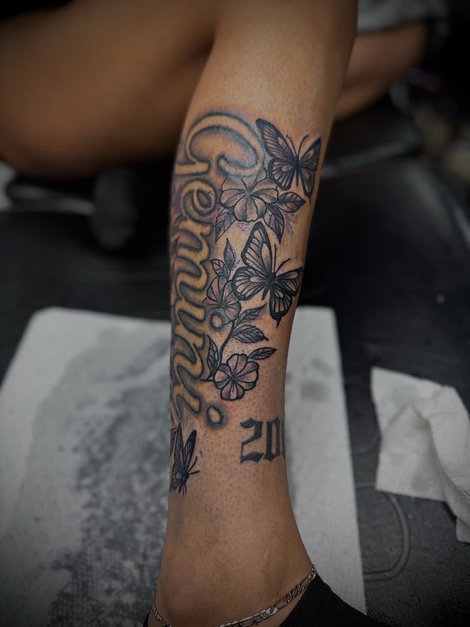 Black & Grey + Floral butterflies tattoo on Calf by HoodInkedd843 on TattMe