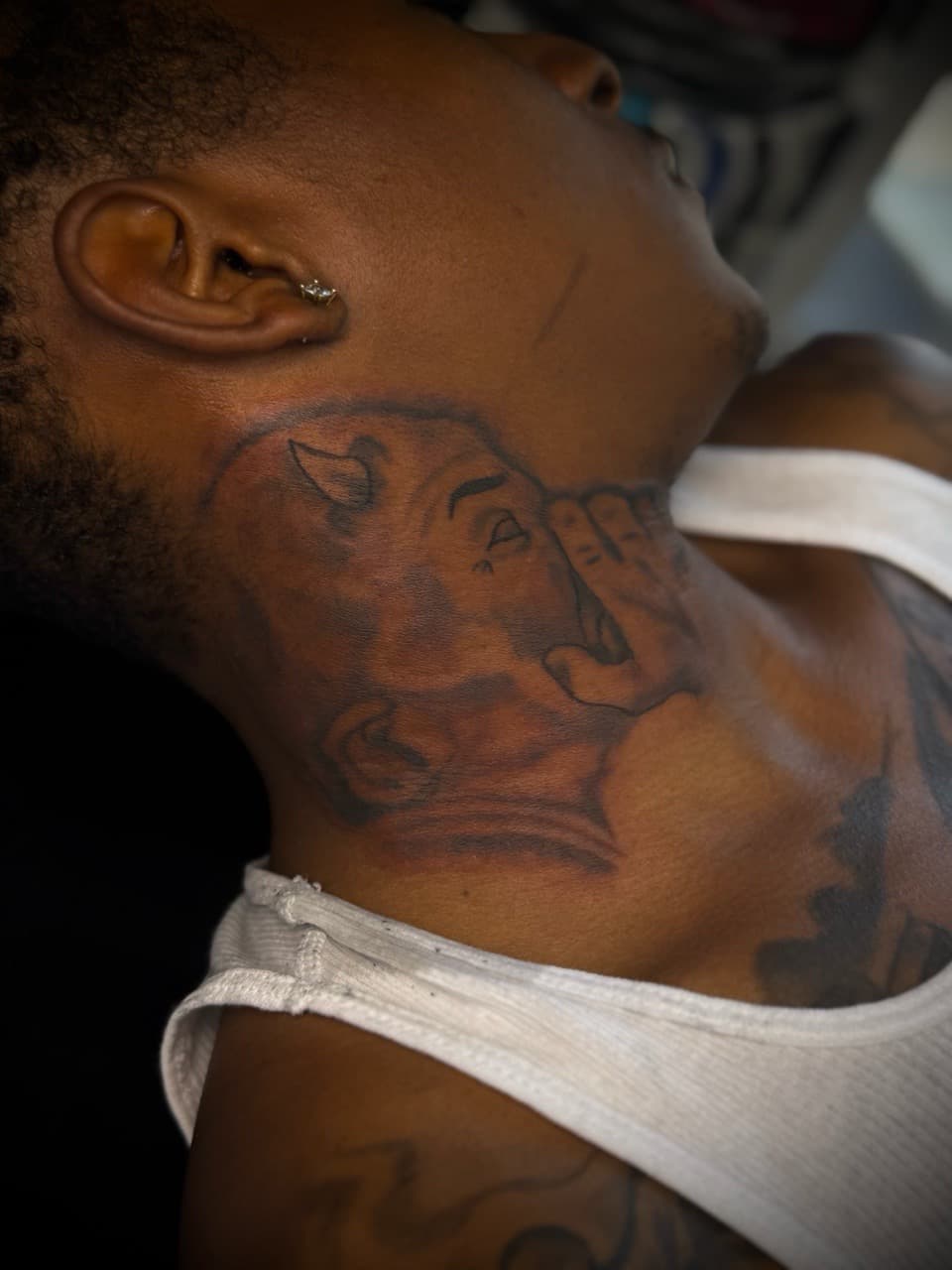 Black & Grey + Illustrative devil tattoo on Neck (Side) by HoodInkedd843 on TattMe