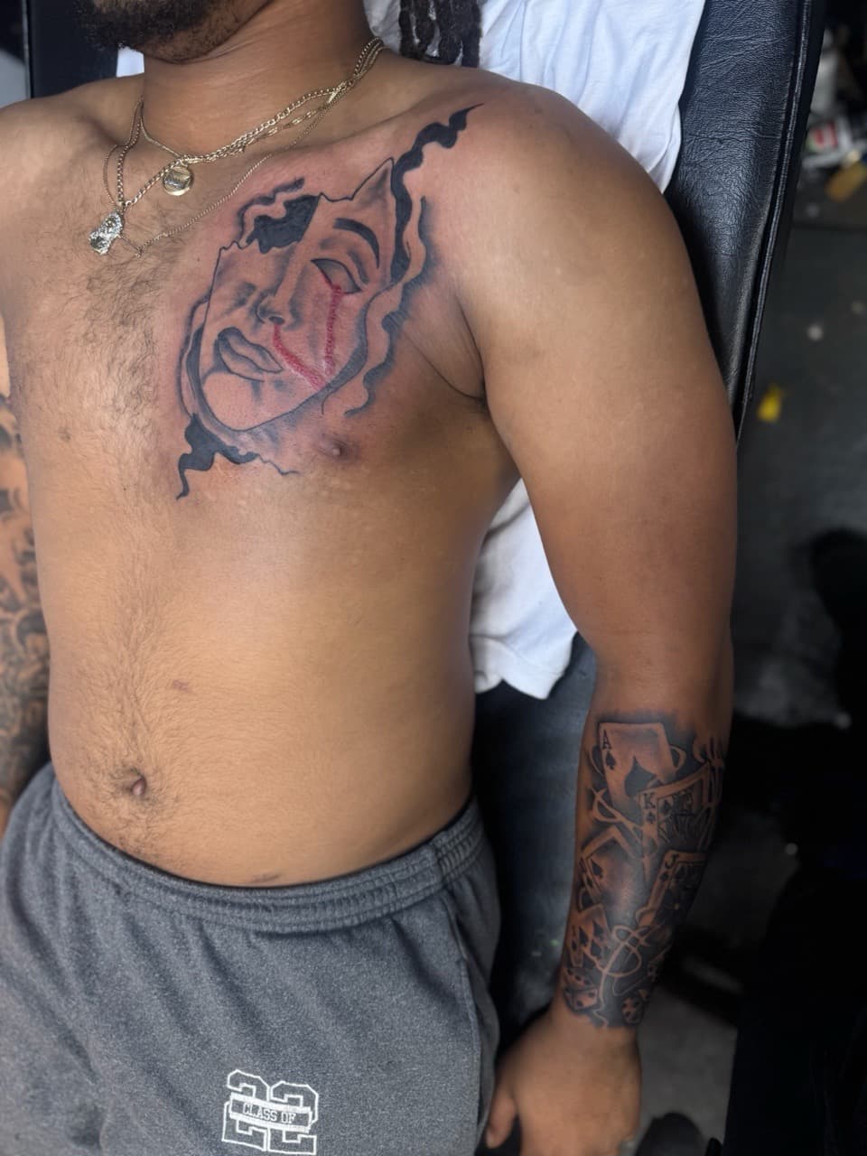 Black & Grey + Illustrative face tattoo on Chest by HoodInkedd843 on TattMe
