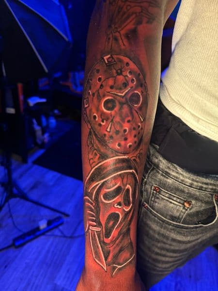 Pop Culture + Color jason mask tattoo on Forearm by HoodInkedd843 on TattMe
