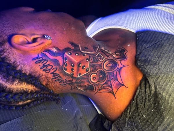 Black & Grey + Lettering dice tattoo on Neck (Side) by HoodInkedd843 on TattMe