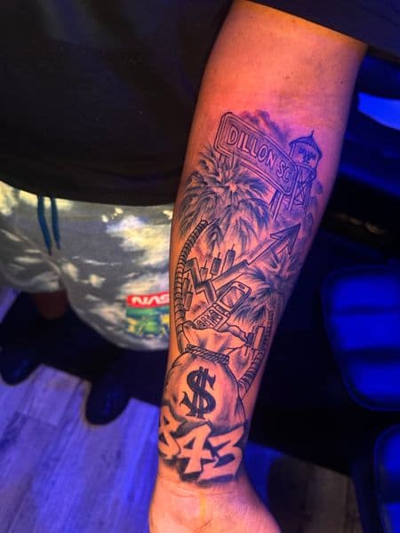 Black & Grey + Illustrative street sign tattoo on Forearm by HoodInkedd843 on TattMe