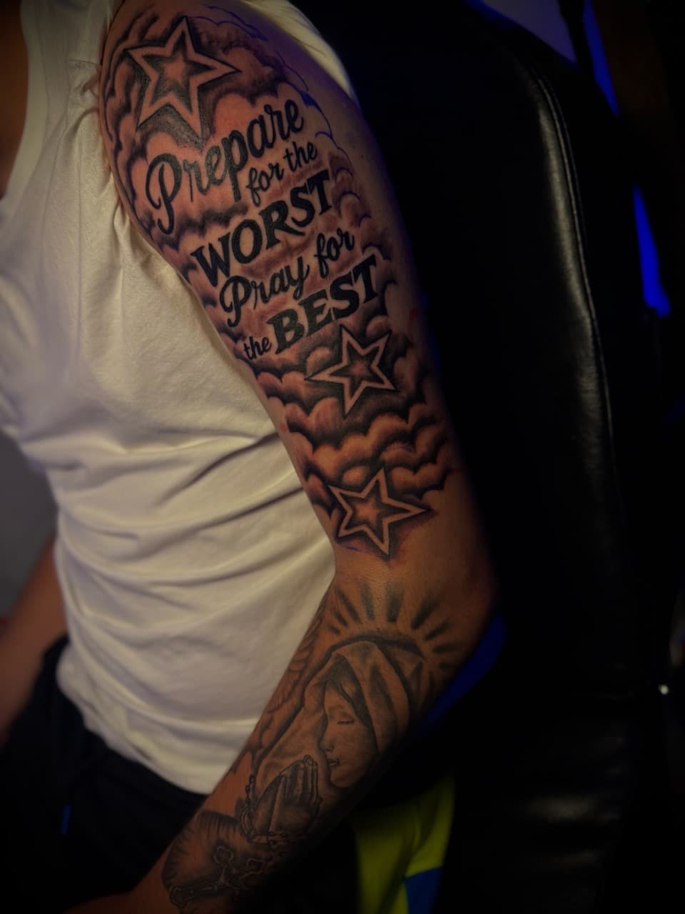 Black & Grey + Lettering stars tattoo on Full Sleeve by HoodInkedd843 on TattMe