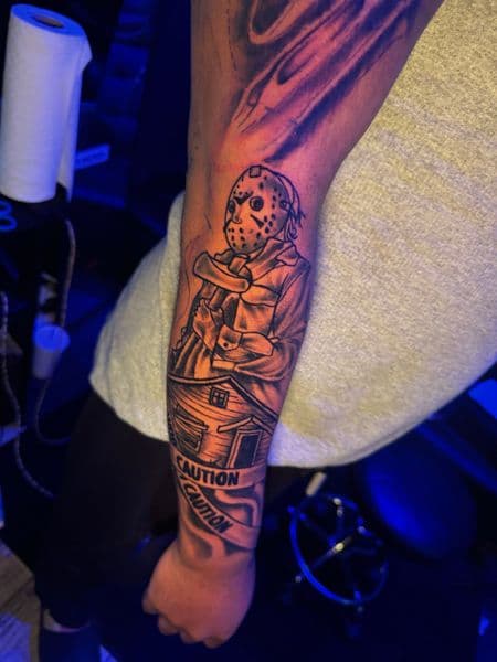 Black & Grey + Illustrative jason voorhees tattoo on Forearm by HoodInkedd843 on TattMe