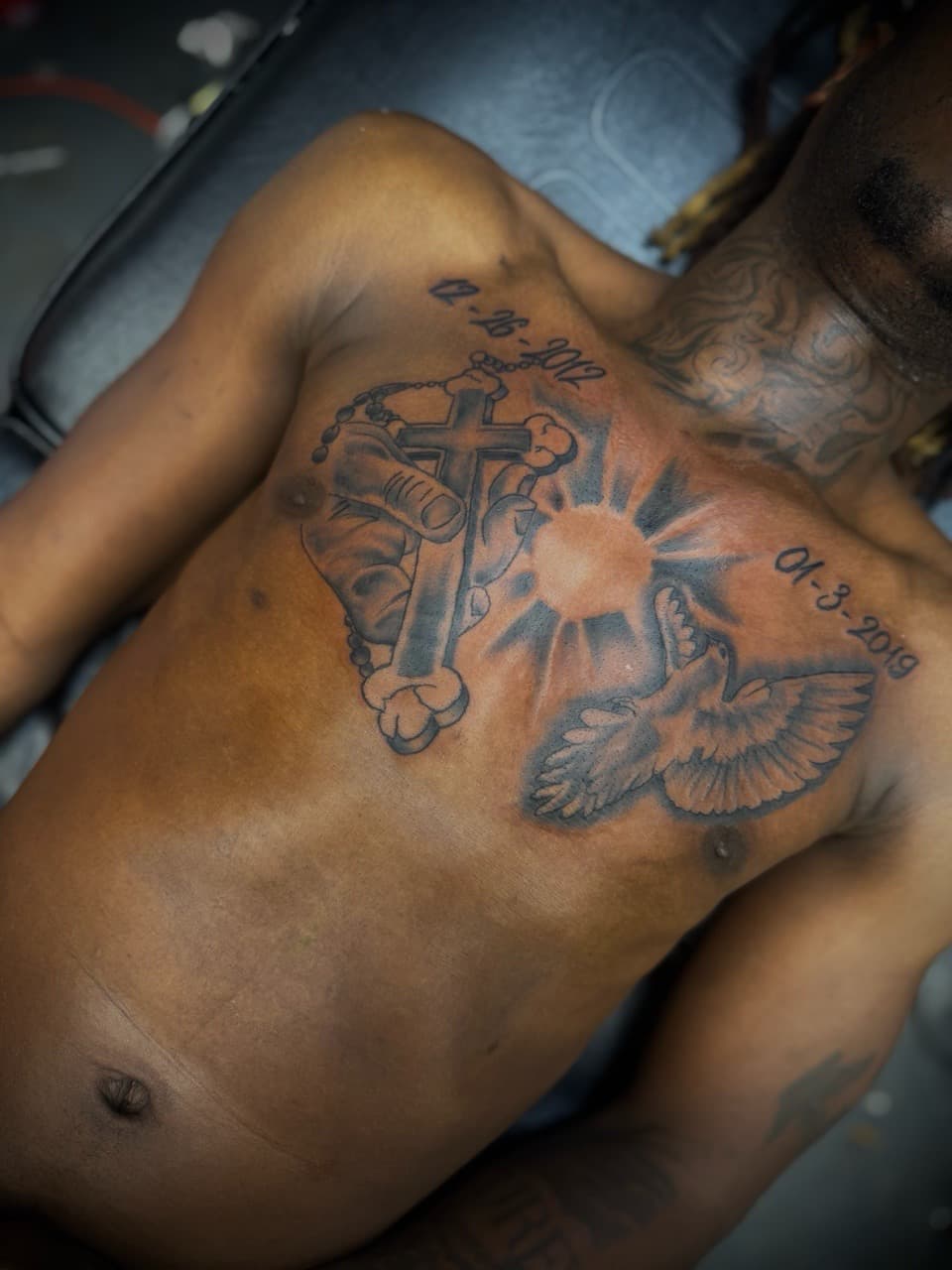 Black & Grey + Religious hand tattoo on Chest by HoodInkedd843 on TattMe