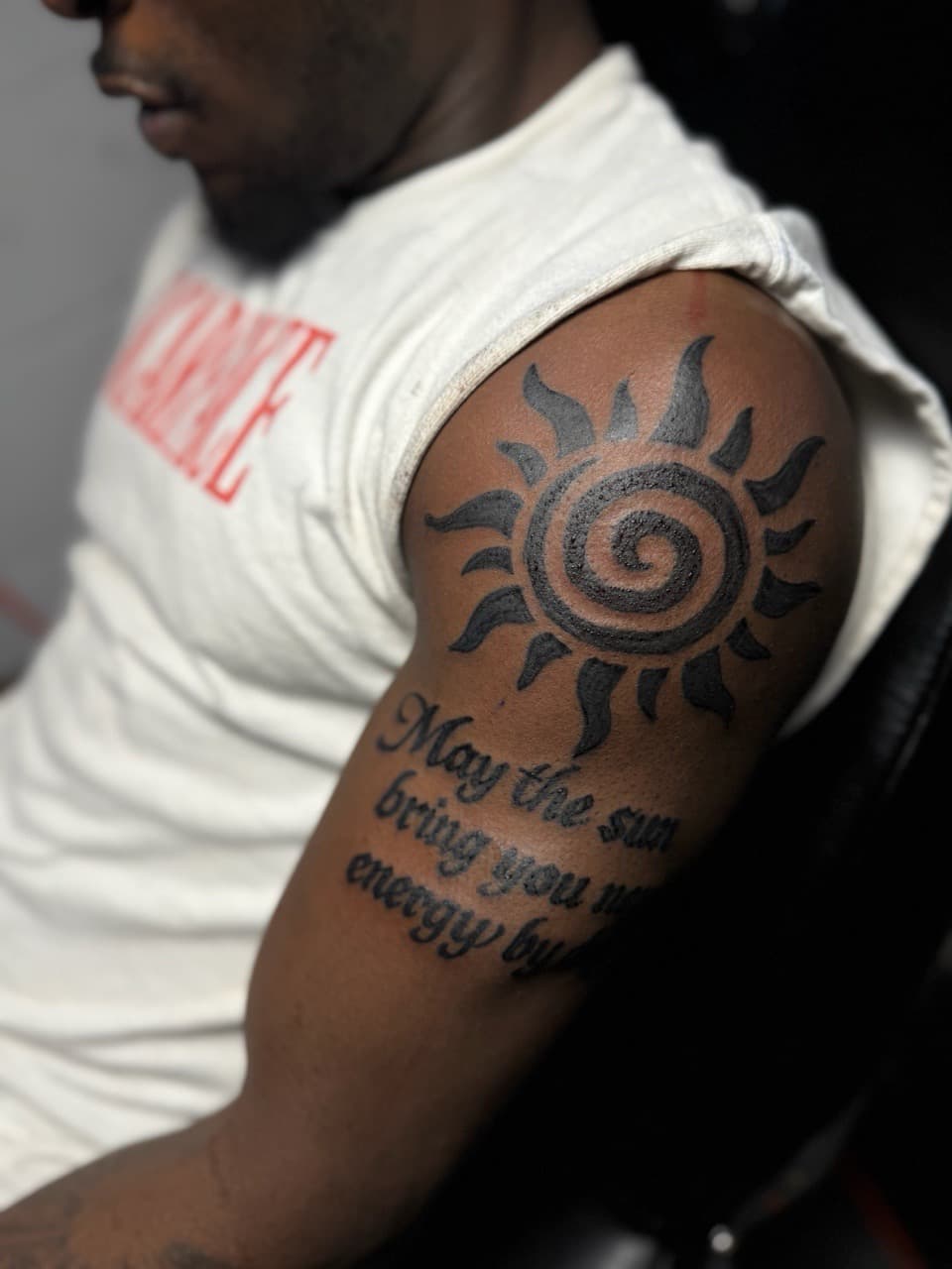 Black-work + Lettering sun tattoo on Upper Arm by HoodInkedd843 on TattMe