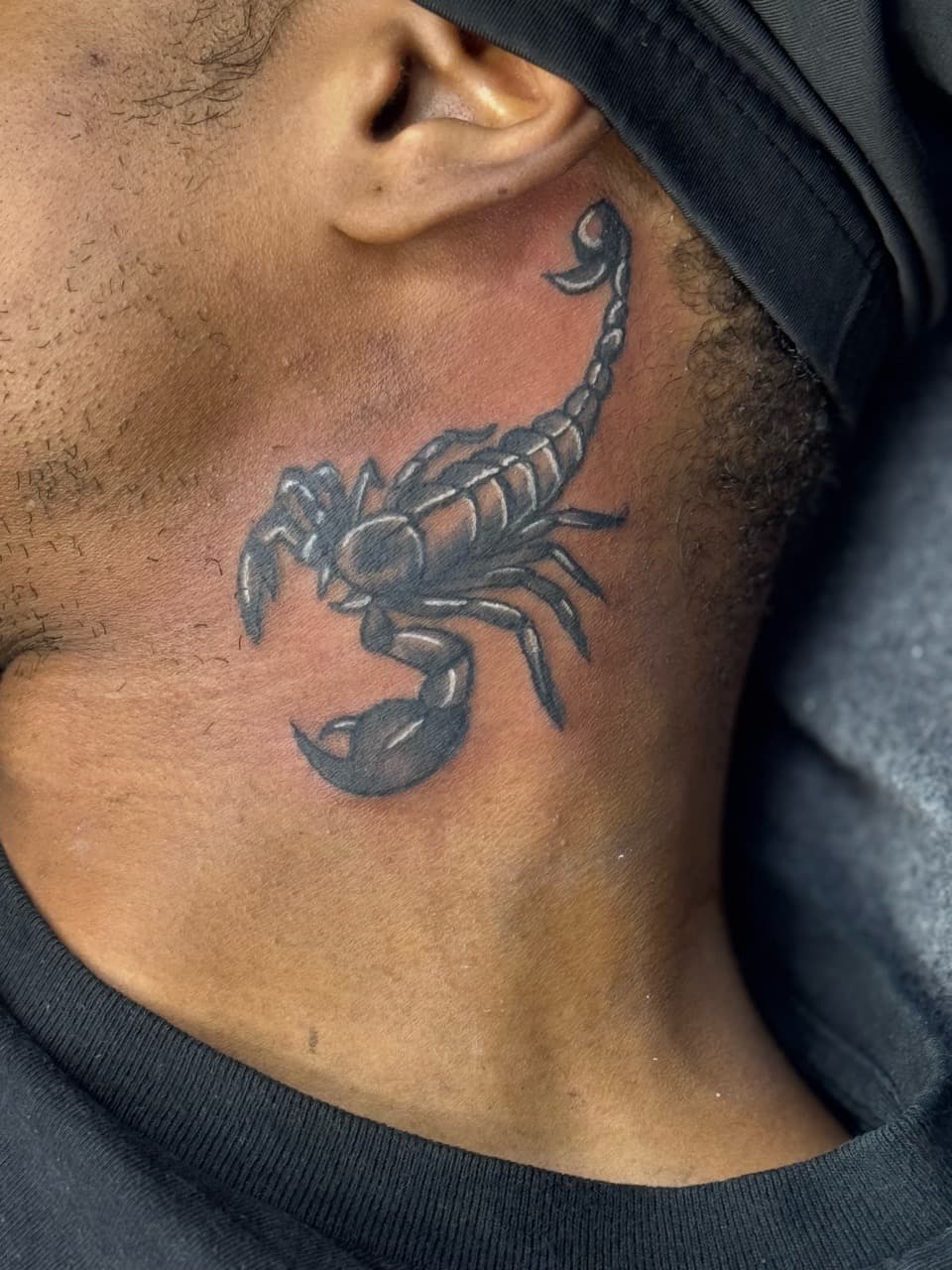 Black & Grey + Illustrative scorpion tattoo on Neck (Side) by HoodInkedd843 on TattMe