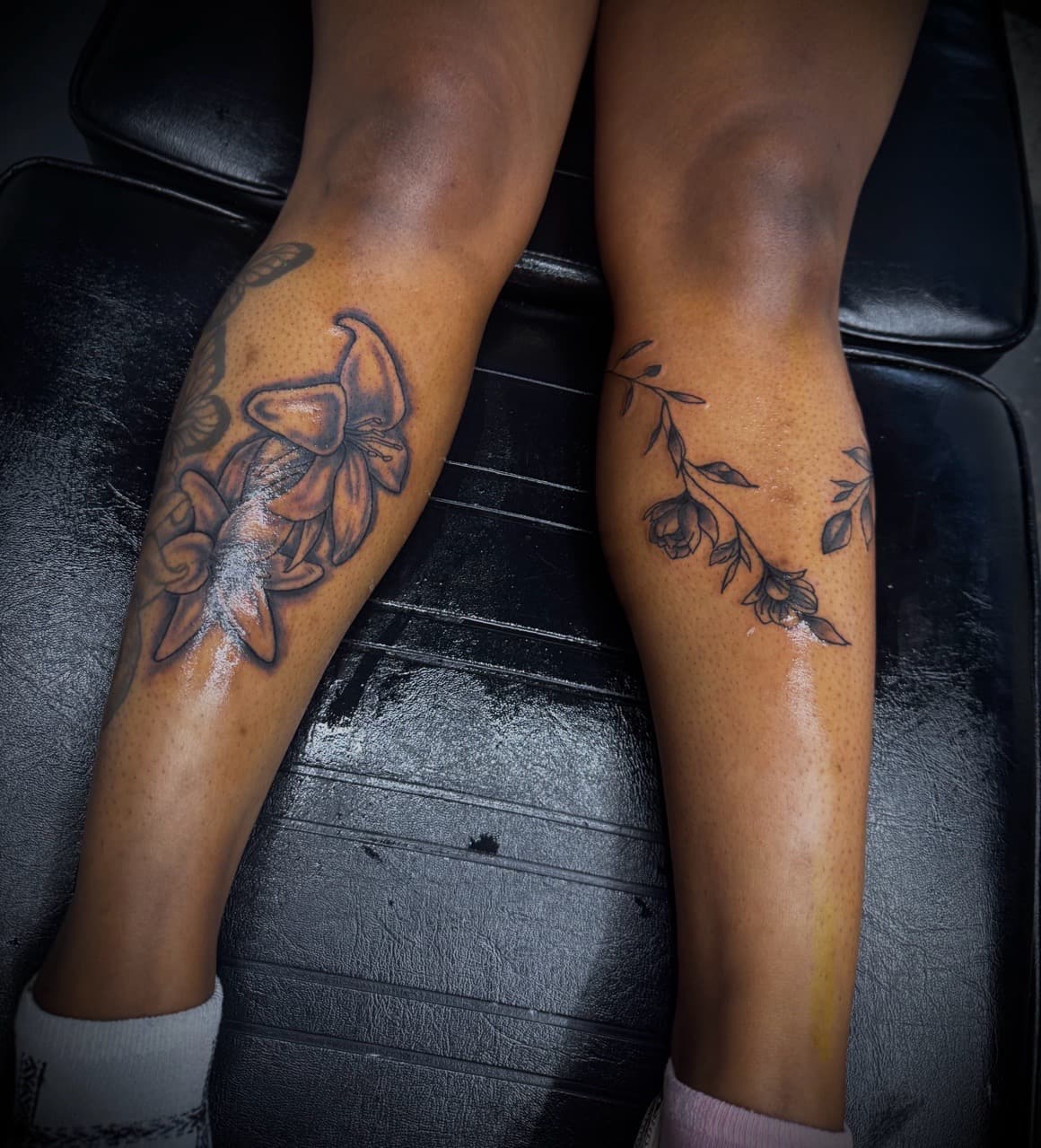 Floral + Black & Grey flowers tattoo on Calf by HoodInkedd843 on TattMe