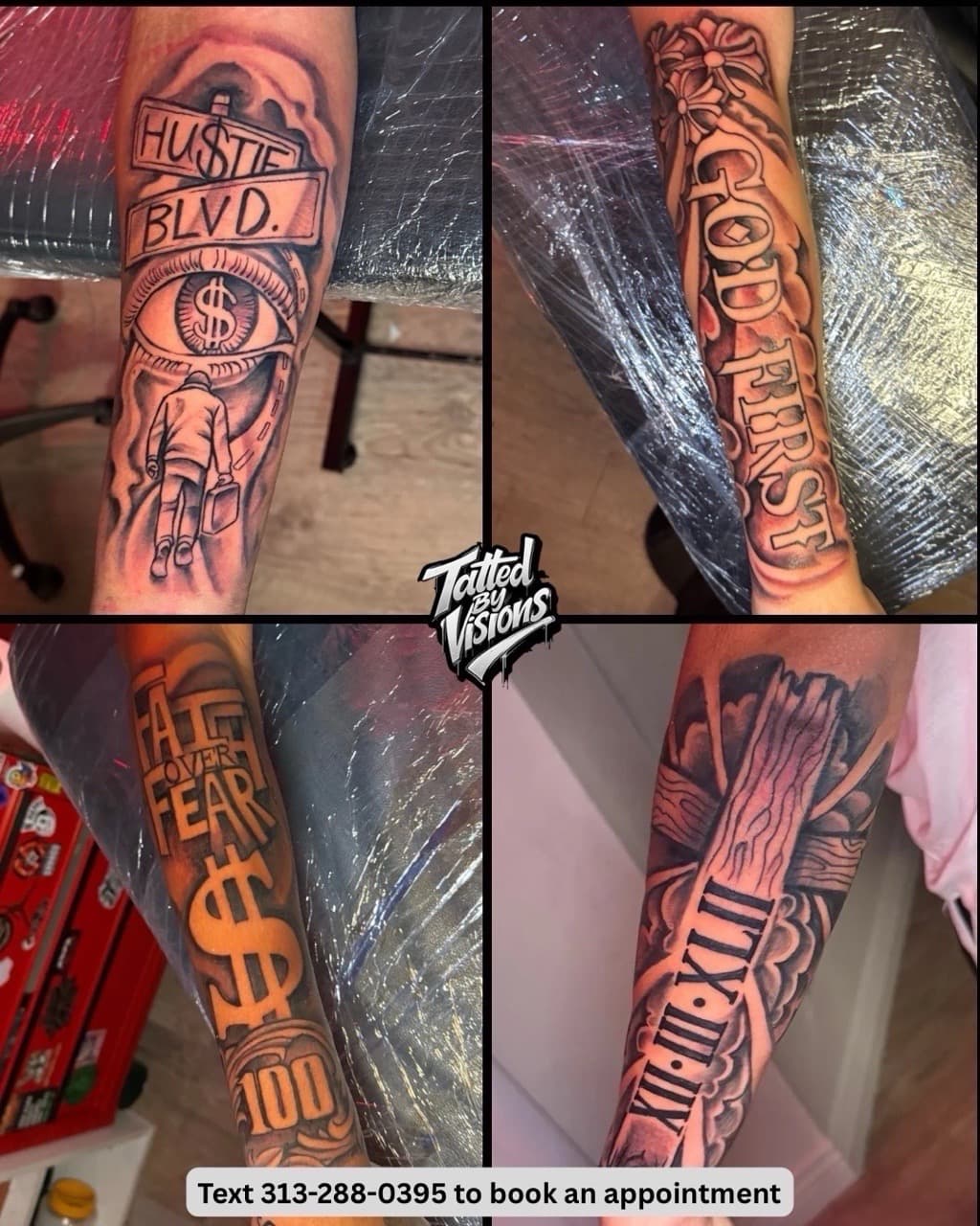 Lettering + Black & Grey dollar tattoo on Forearm by Tatted_By_Visions on TattMe