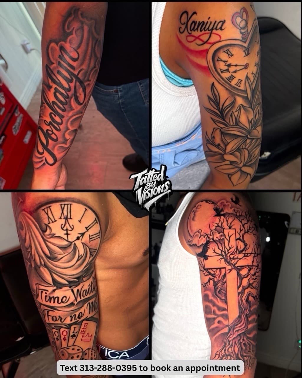 Black & Grey + Lettering names tattoo on Upper Arm by Tatted_By_Visions on TattMe