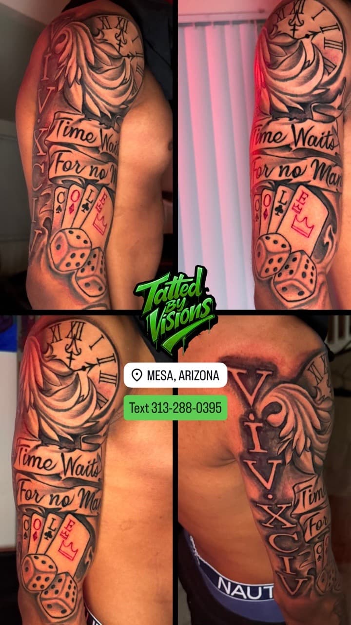 Black & Grey + Lettering clock tattoo on Half Sleeve by Tatted_By_Visions on TattMe