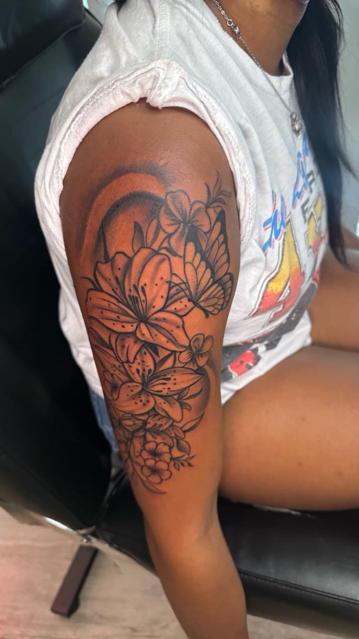 Floral + Black-work flowers tattoo on Upper Arm by Tatted_By_Visions on TattMe