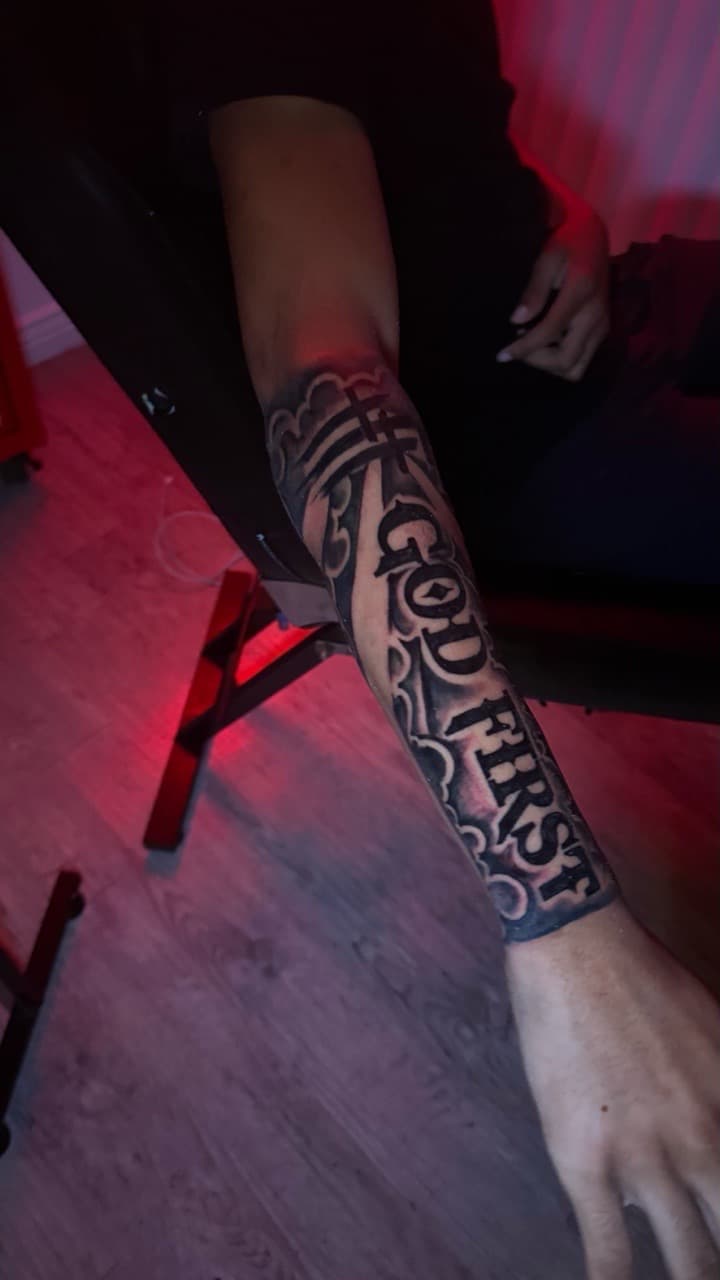 Lettering + Script cross tattoo on Forearm by Tatted_By_Visions on TattMe