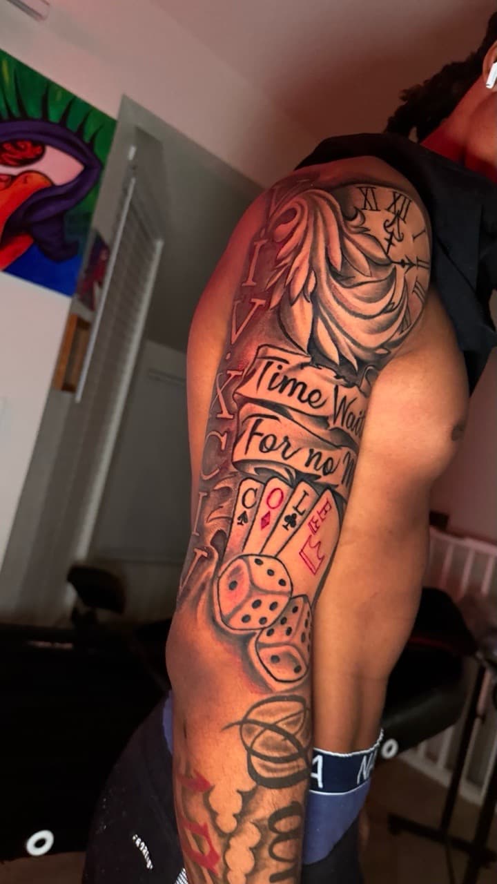 Black & Grey + Lettering clock tattoo on Half Sleeve by Tatted_By_Visions on TattMe