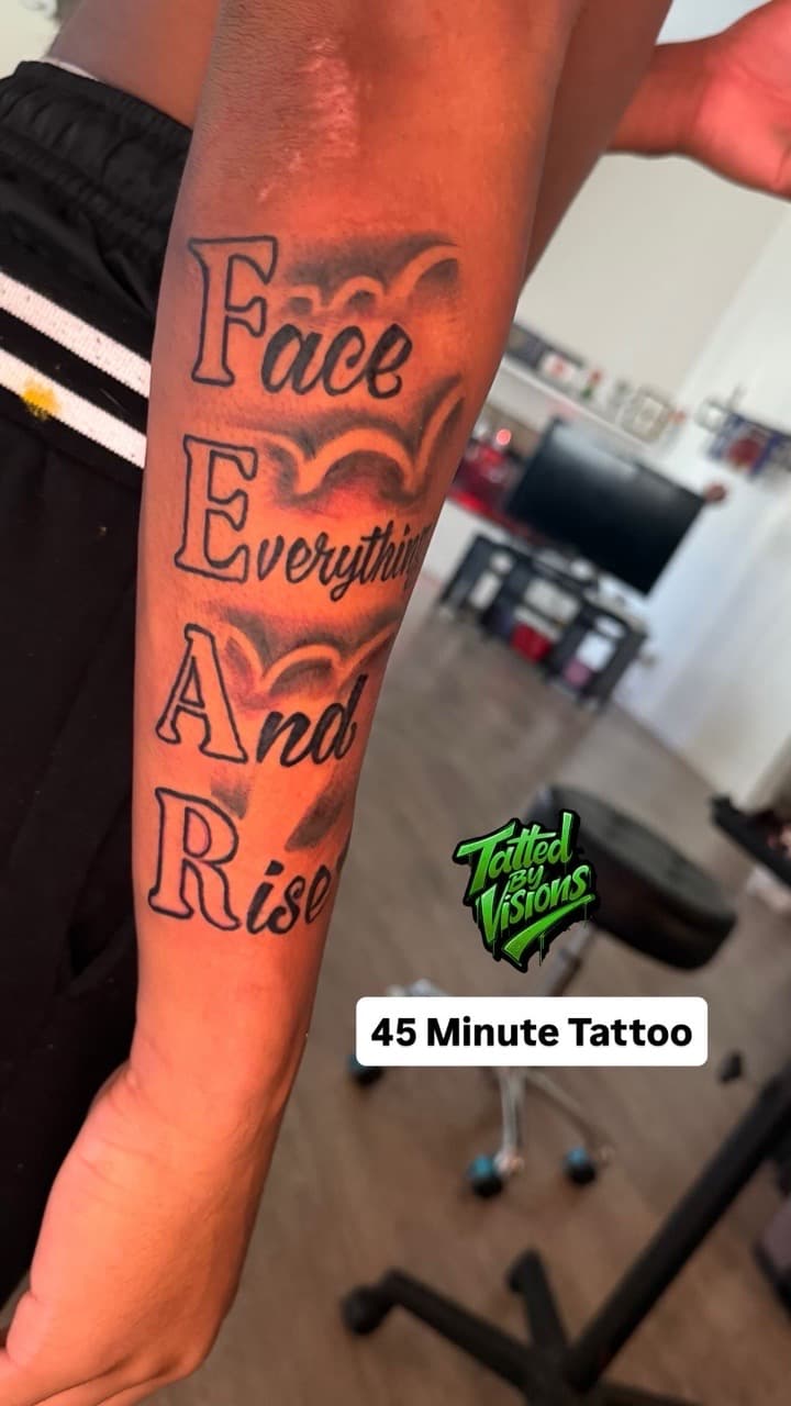 Lettering + Script quote tattoo on Forearm by Tatted_By_Visions on TattMe