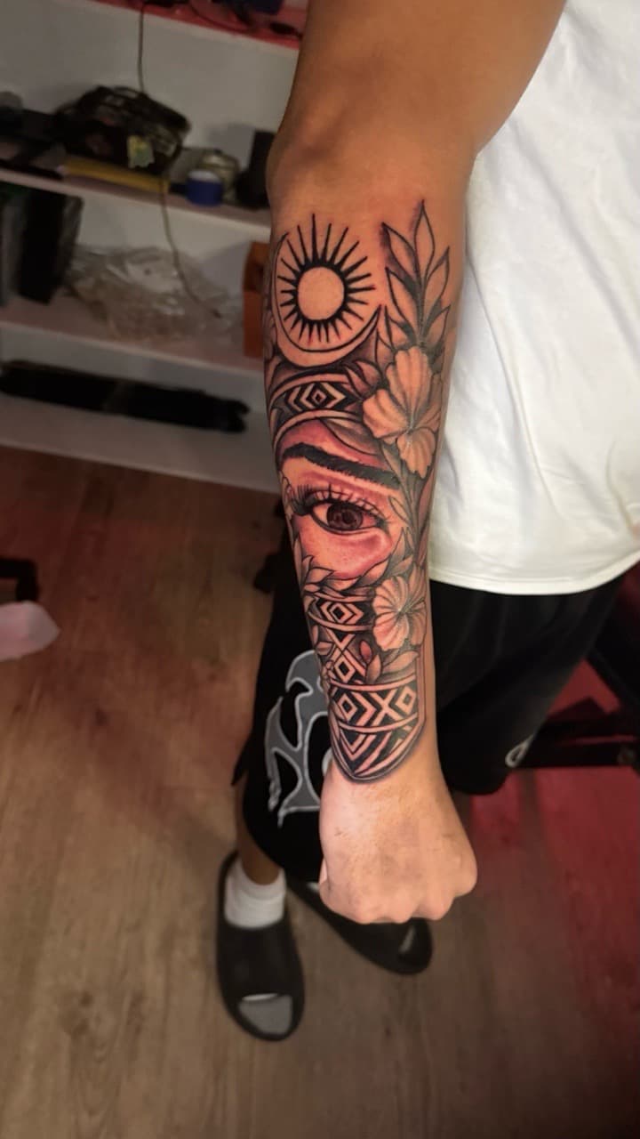 Illustrative + Black-work eye tattoo on Forearm by Tatted_By_Visions on TattMe