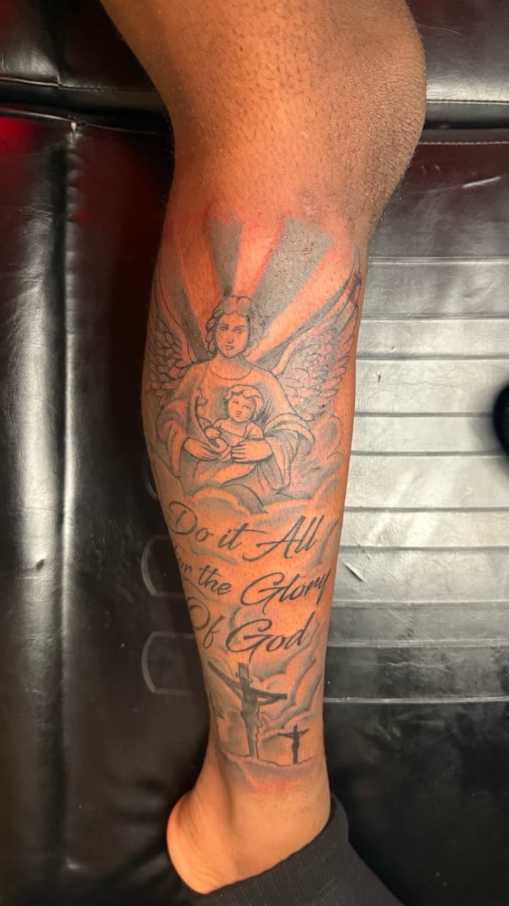 Black & Grey + Illustrative angel tattoo on Calf by Tatted_By_Visions on TattMe