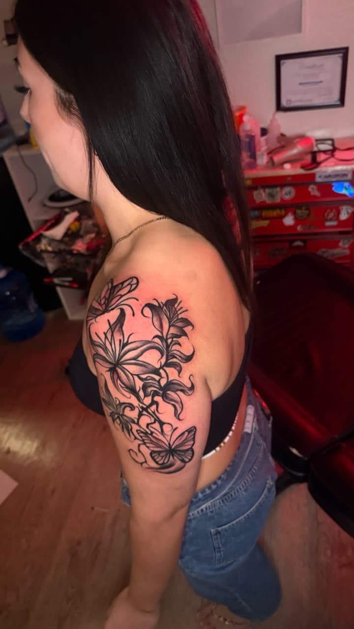 Floral + Black & Grey flowers tattoo on Shoulder by Tatted_By_Visions on TattMe