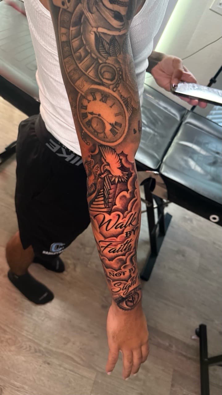 Black & Grey + Lettering doves tattoo on Full Sleeve by Tatted_By_Visions on TattMe
