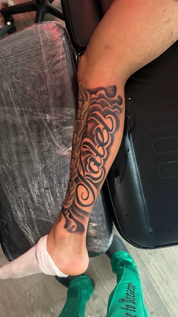 Lettering + Script name tattoo on Calf by Tatted_By_Visions on TattMe