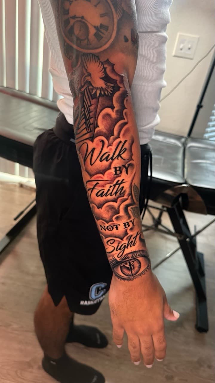 Black & Grey + Illustrative clouds tattoo on Full Sleeve by Tatted_By_Visions on TattMe