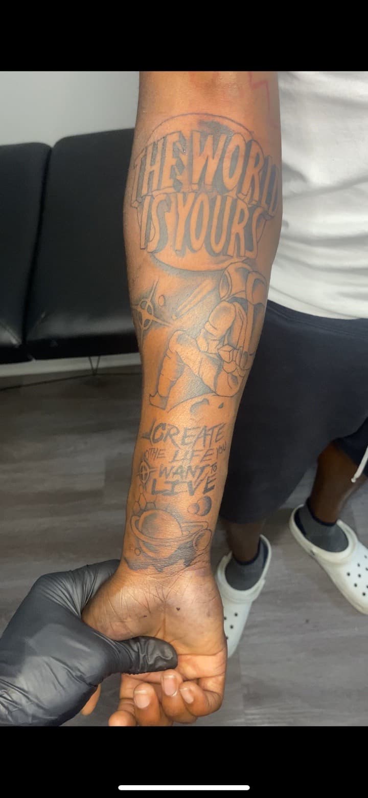Black & Grey + Illustrative astronaut tattoo on Forearm by TATTFRM7 on TattMe