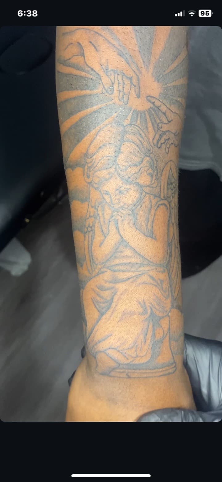 Line-work + Religious hands tattoo on Forearm by TATTFRM7 on TattMe