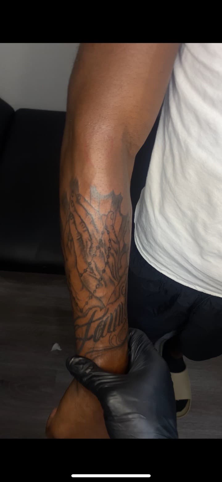 Black & Grey + Lettering praying hands tattoo on Forearm by TATTFRM7 on TattMe