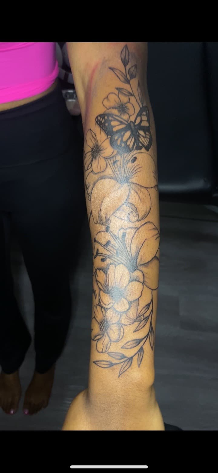 Floral + Line-work butterfly tattoo on Forearm by TATTFRM7 on TattMe