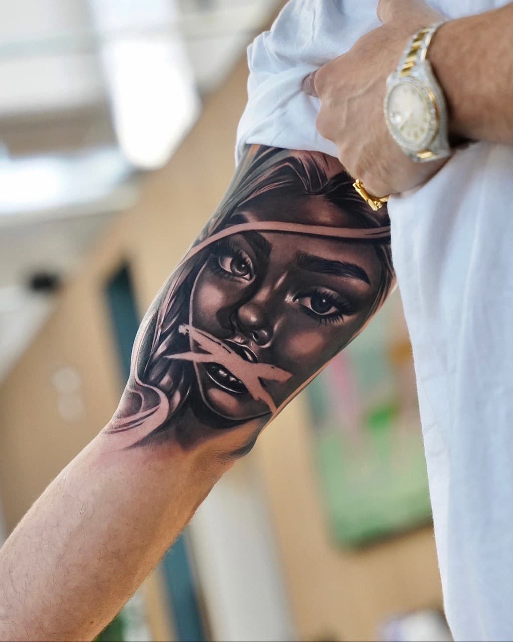 Black & Grey + Realism woman tattoo on Upper Arm by Vendler_Tattoo on TattMe