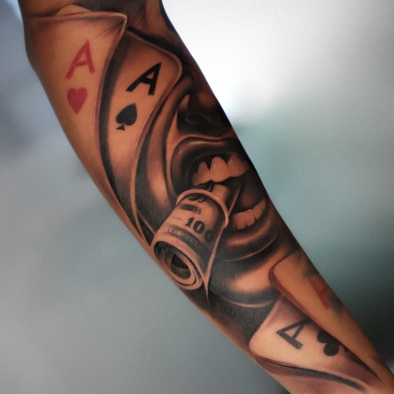 Black & Grey + Realism playing cards tattoo on Forearm by Vendler_Tattoo on TattMe
